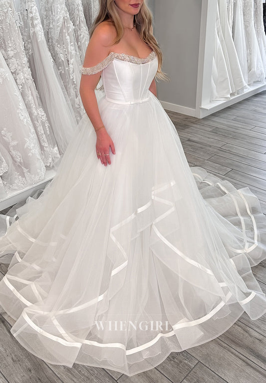 Beaded Off Shoulder Sleeveless Bowknot A-Line Court Trian Wedding Dress