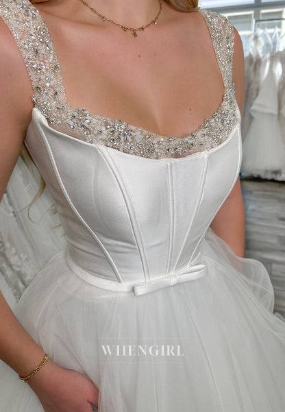 Beaded Off Shoulder Sleeveless Bowknot A-Line Court Trian Wedding Dress
