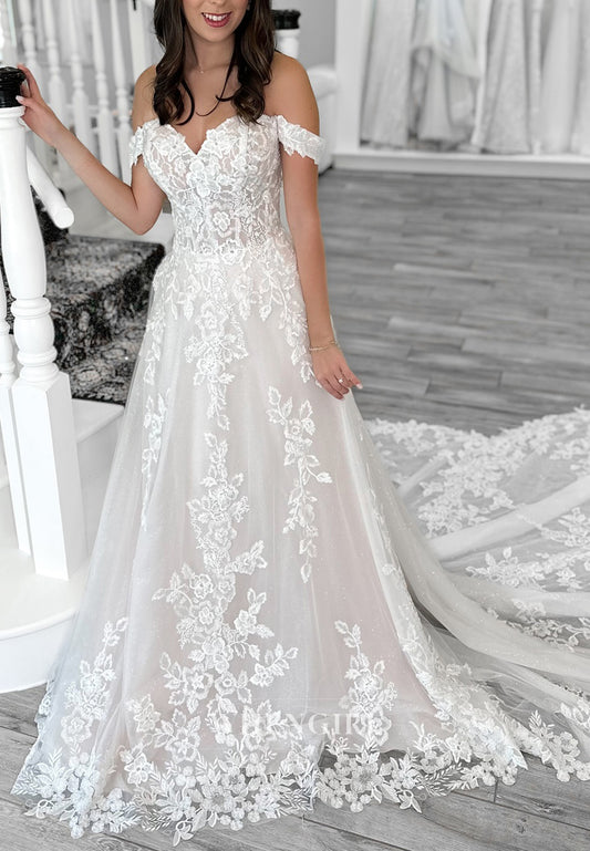 Off Shoulder Appliqued Lace A-Line Chapel Train Back Zipper Wedding Dress