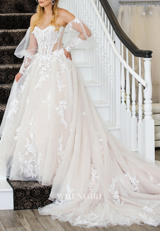 Sweetheart Pearl Beading Appliqued Saprkly A-Line Wedding Dress with Court Train Removable Sleeves
