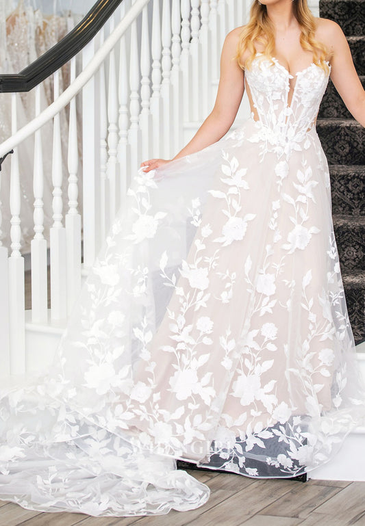 V Neck Sleeveless Appliqued Strapless Court Trian A-Line Wedding Dress