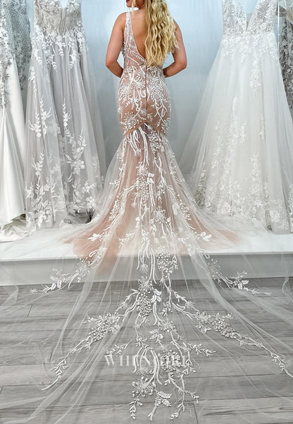 V Neck Embroidery Tulle Sleeveless Chapel Trian Mermaid Wedding Dress