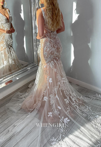 V Neck Embroidery Tulle Sleeveless Chapel Trian Mermaid Wedding Dress