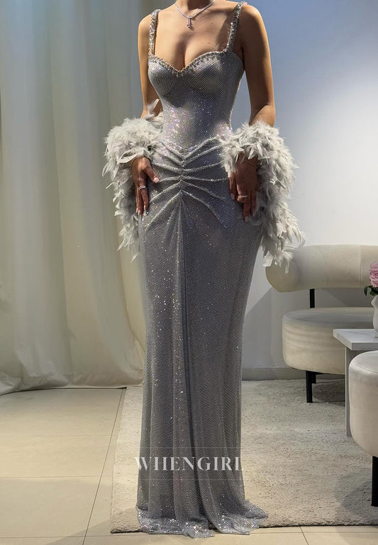 Silver Sweetheart Beaded Straps Pleated Sheath Long Formal Gown with Feather Cape