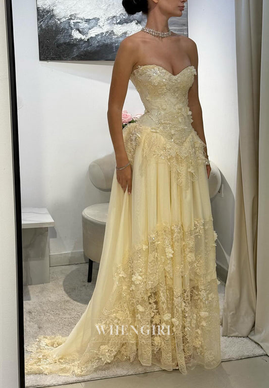 A-Line Yellow Sleeveless Sweetheart Appliqued Lace Up Formal Evening Dress