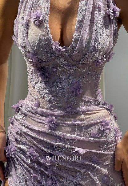 Sheath Halter Floral Sleeveless Side Slit Ruched Evening Gown Prom Dress