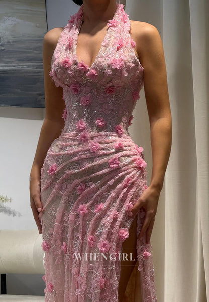 Sheath Halter Floral Sleeveless Side Slit Ruched Evening Gown Prom Dress