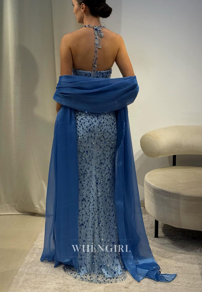 Ocean Blue Sleeveless Rhinestones Halter Sheath Evening Dress with Shawl