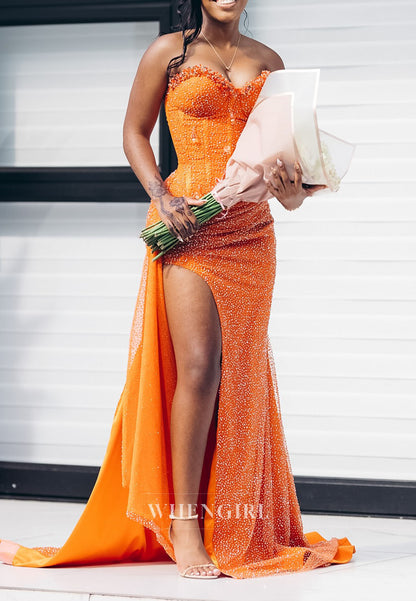 Orange Sweetheart Beaded Rhinestones Sleeveless Side Slit Pleated Mermaid Prom Dress