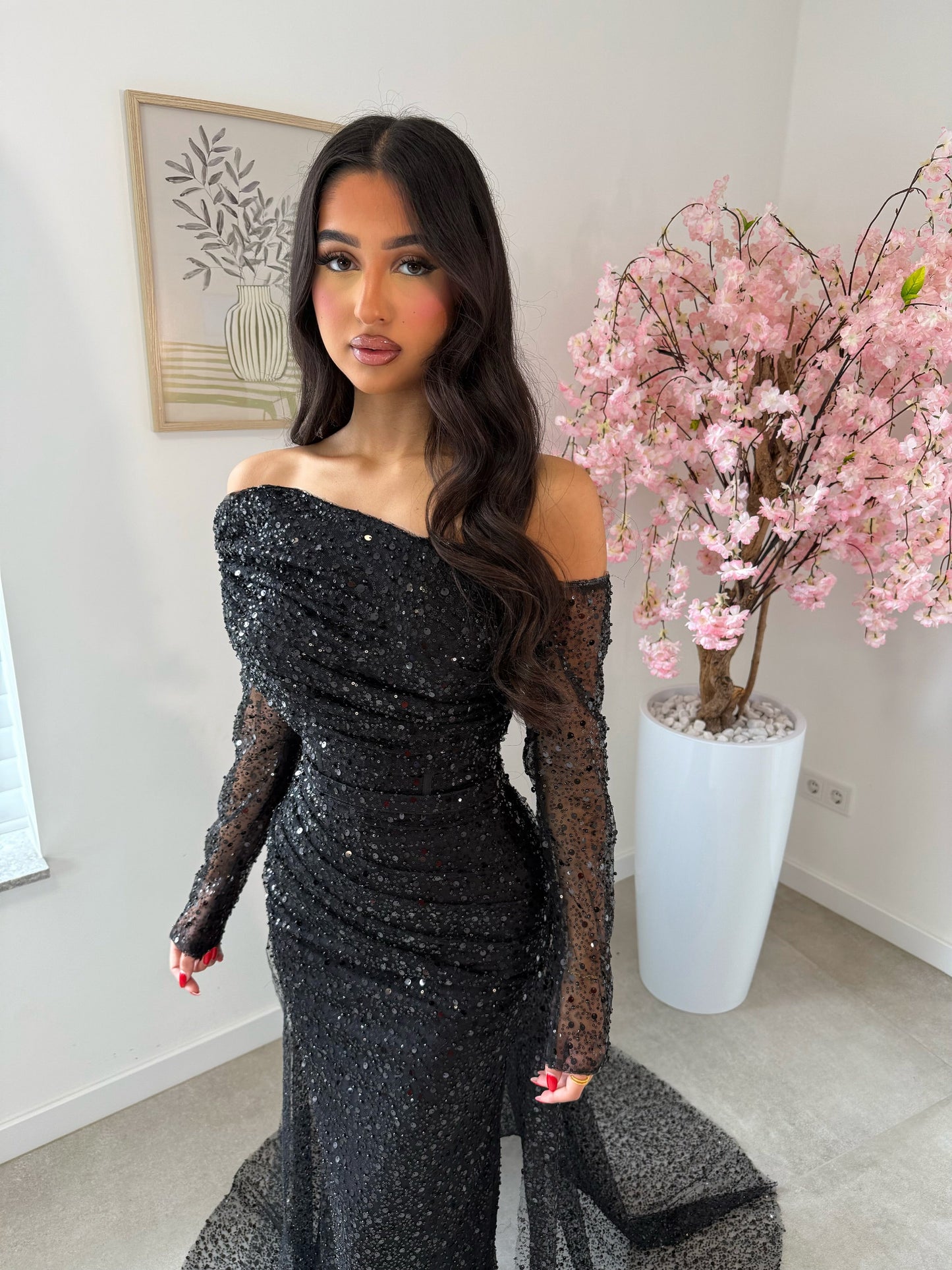 Pale Blush Off Shoudler Long Sleeves Beaded Sheath Evening Gown with Sweep Train