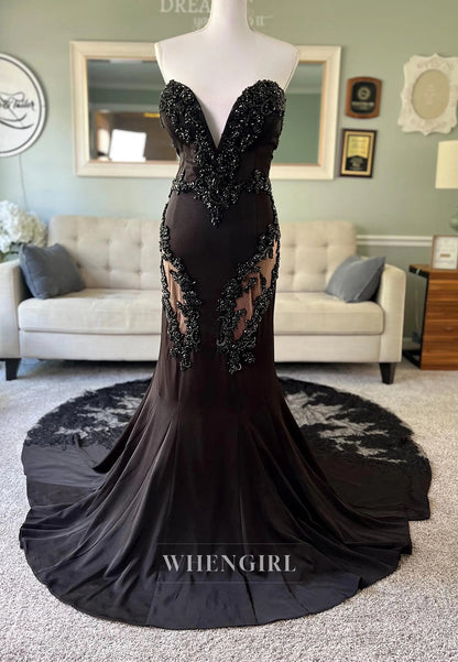 Black Mermaid Sweetheart Appliqued Sleeveless Beaded Chapel Train Wedding Dress