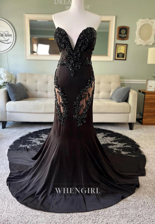 Black Mermaid Sweetheart Appliqued Sleeveless Beaded Chapel Train Wedding Dress