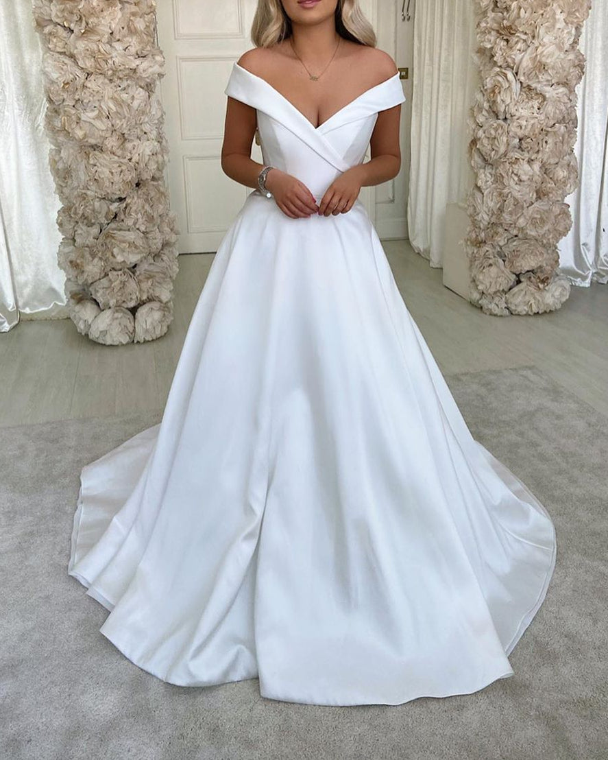 Elegant Off-Shoulder Sweetheart A-Line Wedding Dress with Satin Chapel Train