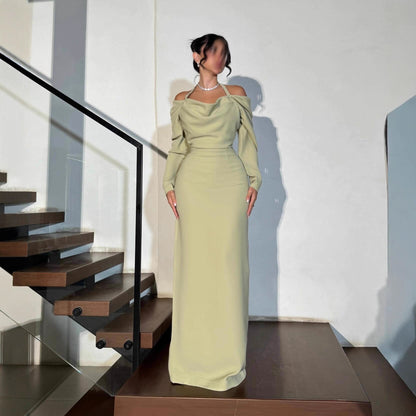 Sage Elegant Off-Shoulder Long Sleeve Slim-Fit Gown
