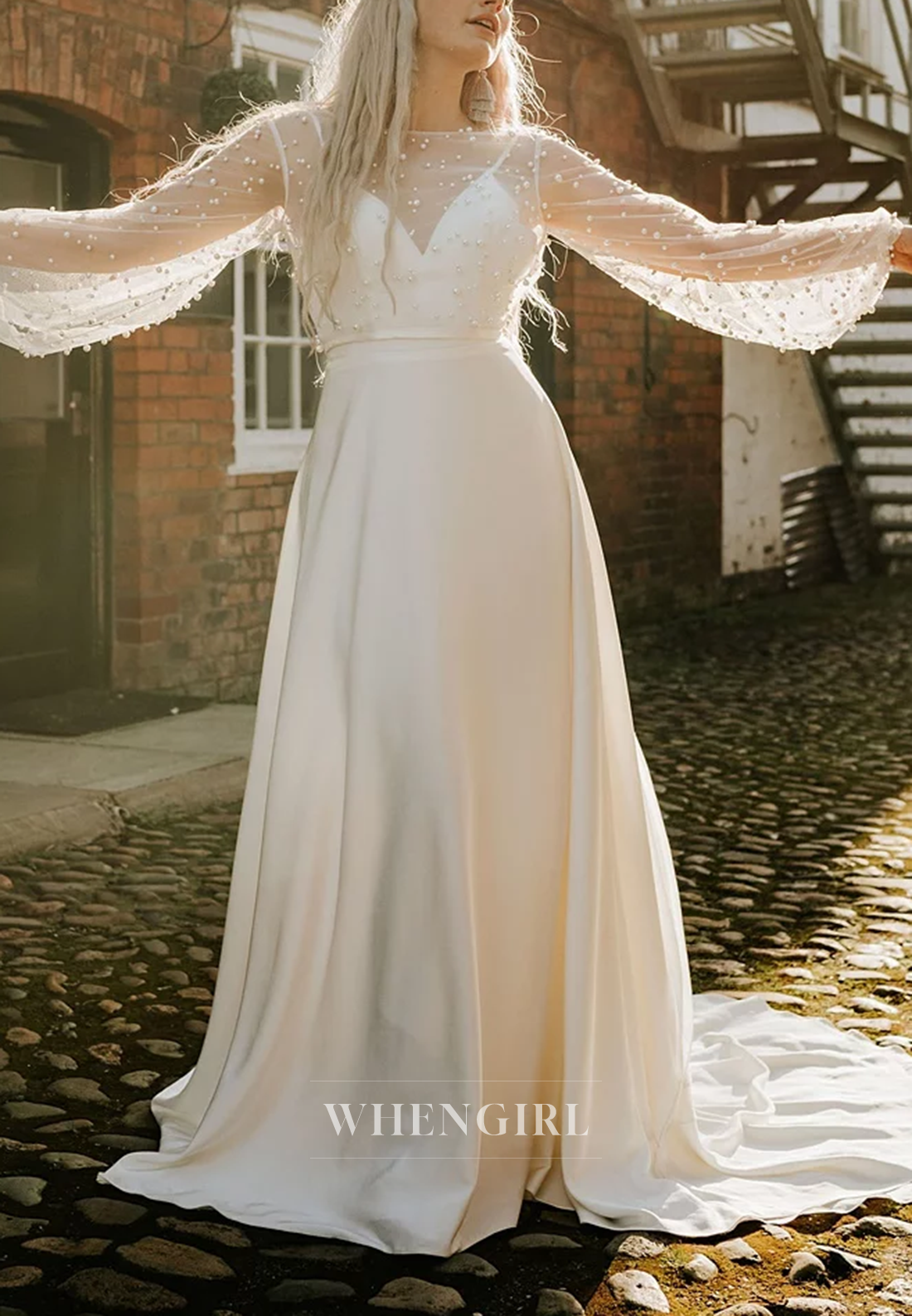 A-Line Illusion Neck Long Beaded Sleeves Pearls Sweep Train Beach Wedding Dress