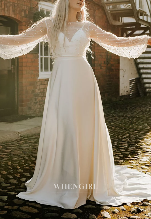 A-Line Illusion Neck Long Beaded Sleeves Pearls Sweep Train Beach Wedding Dress