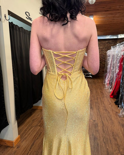 Mermaid Strapless Yellow Beaded Long Prom Dresses for Women Party Gowns