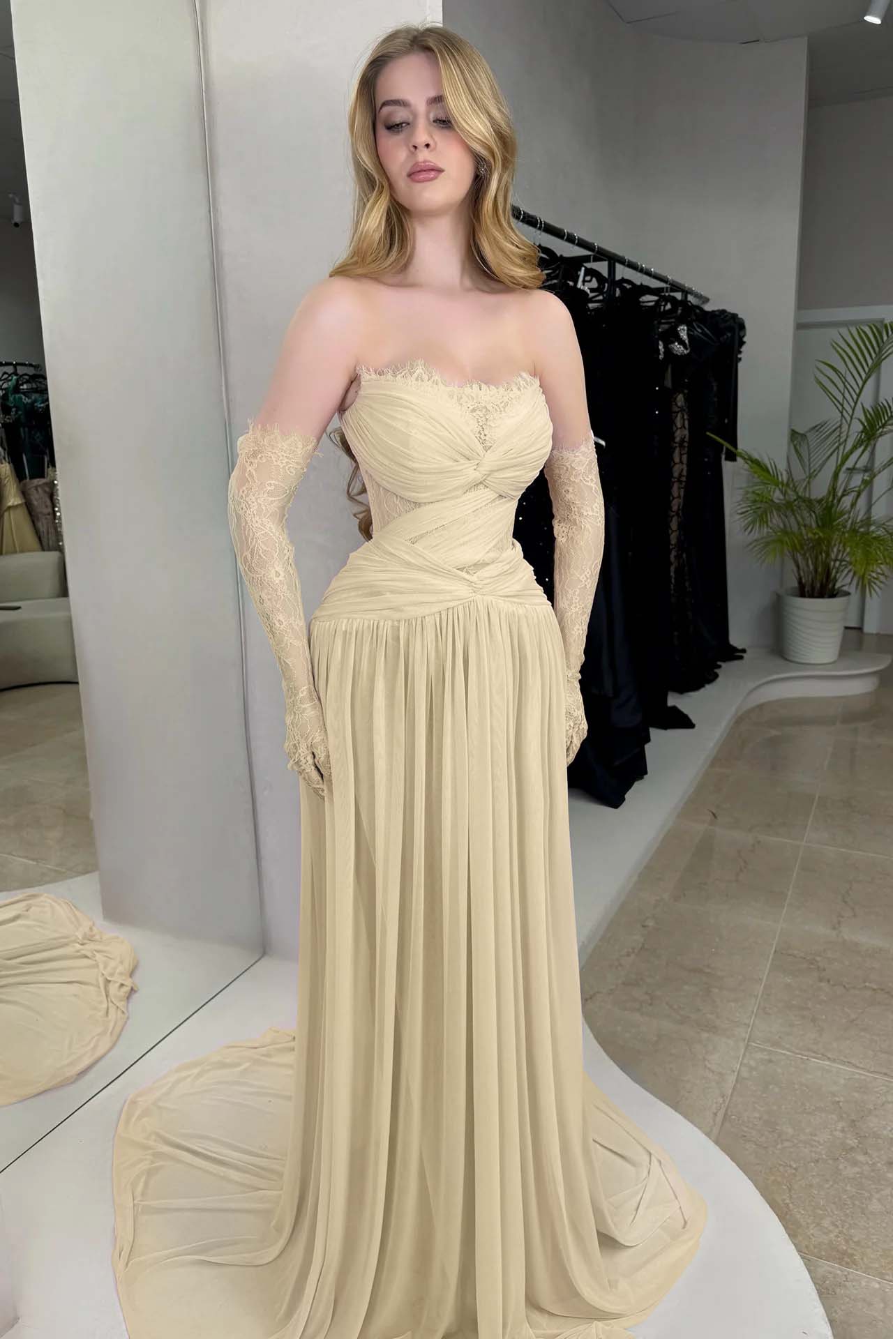 Column Strapless Fitted Prom Dress in Chiffon Pleated with Lace
