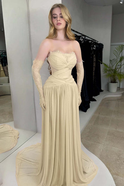 Column Strapless Fitted Prom Dress in Chiffon Pleated with Lace
