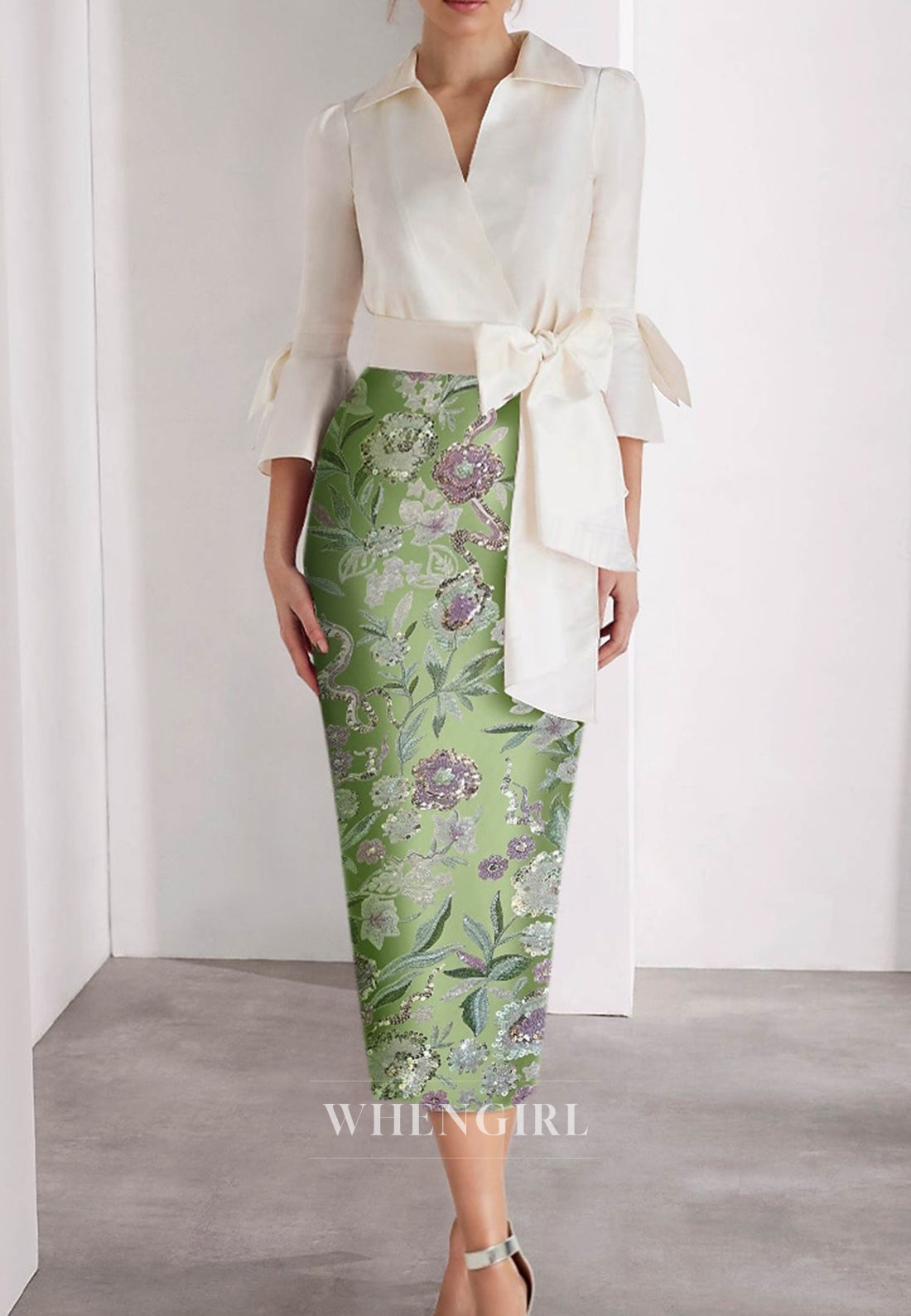 Sheath 3/4 Sleeves Bowknot V Neck Tea Length Mother of the Bride Dress