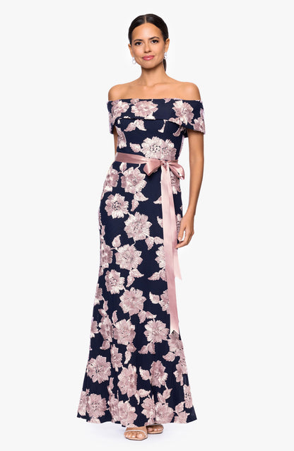 Floral Off the Shoulder Bowknot Sheath Mother of the Bride Gown