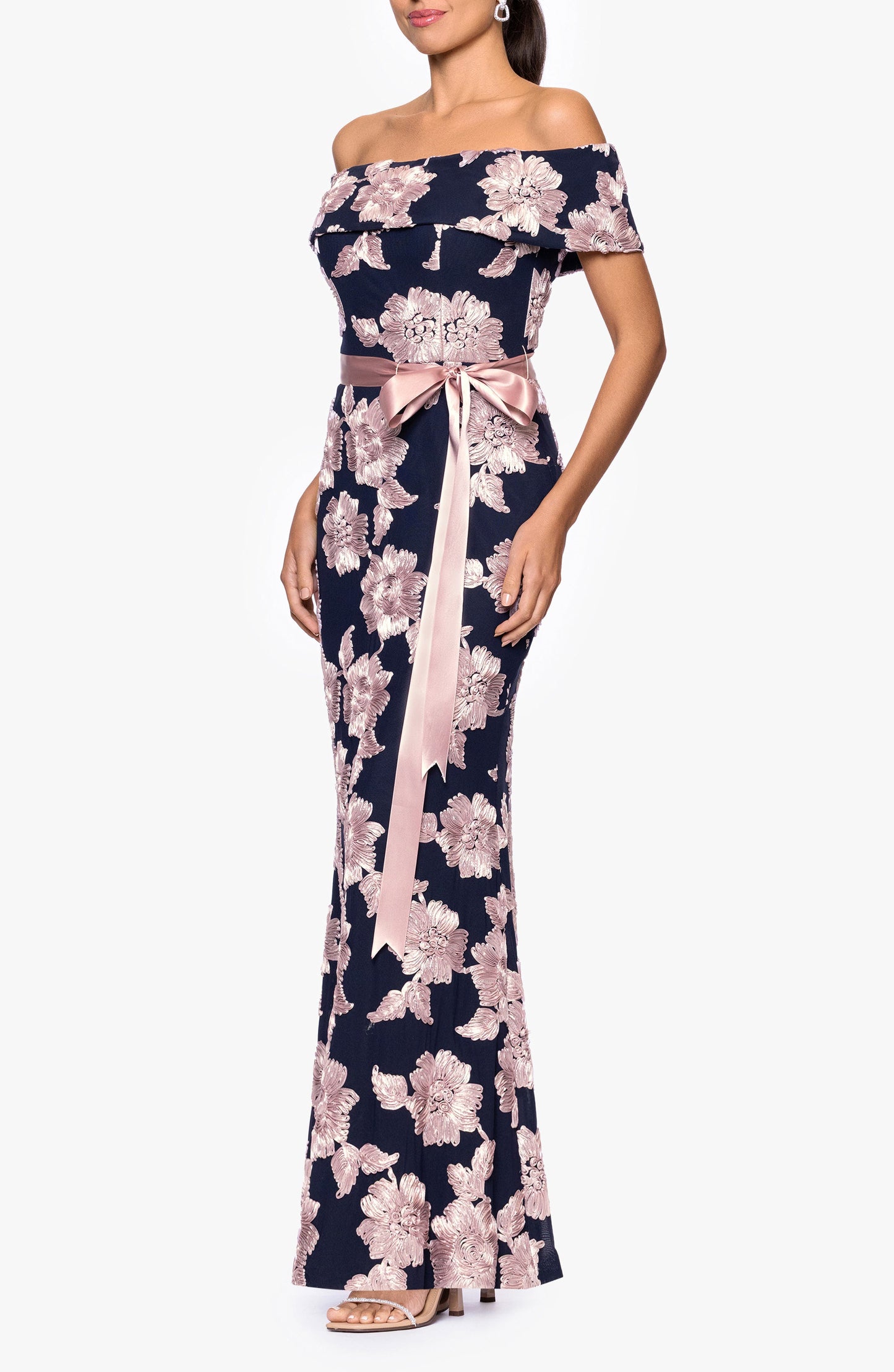 Floral Off the Shoulder Bowknot Sheath Mother of the Bride Gown
