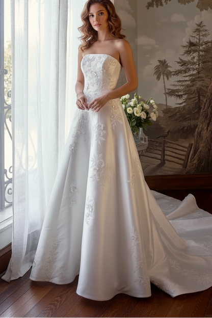 A-Line Satin Appliques Tube Top Court Train Wedding Dress