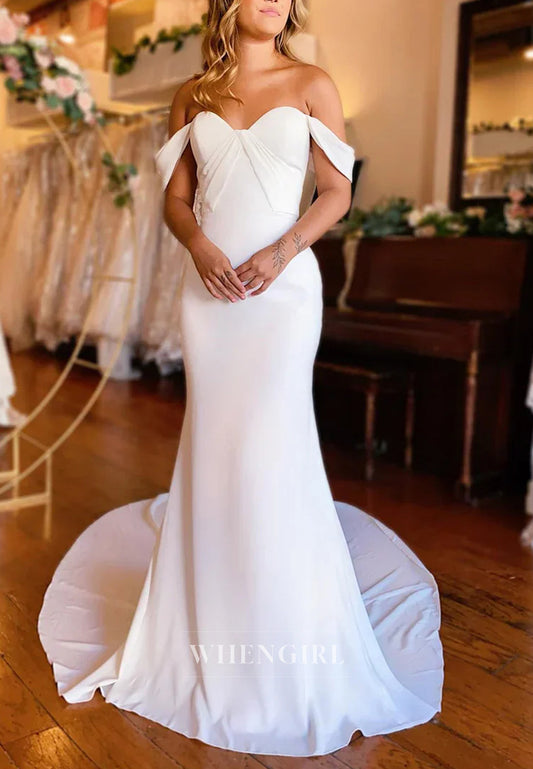 Simple Off Shoulder Sweep Train Mermaid Button Wedding Dress