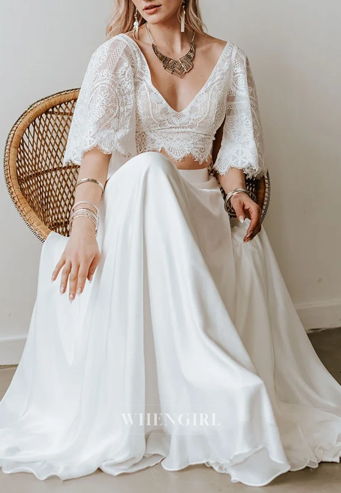 A-Line Flutter Sleeves V Neck Two Pieces Sweep Train Boho Wedding Dress