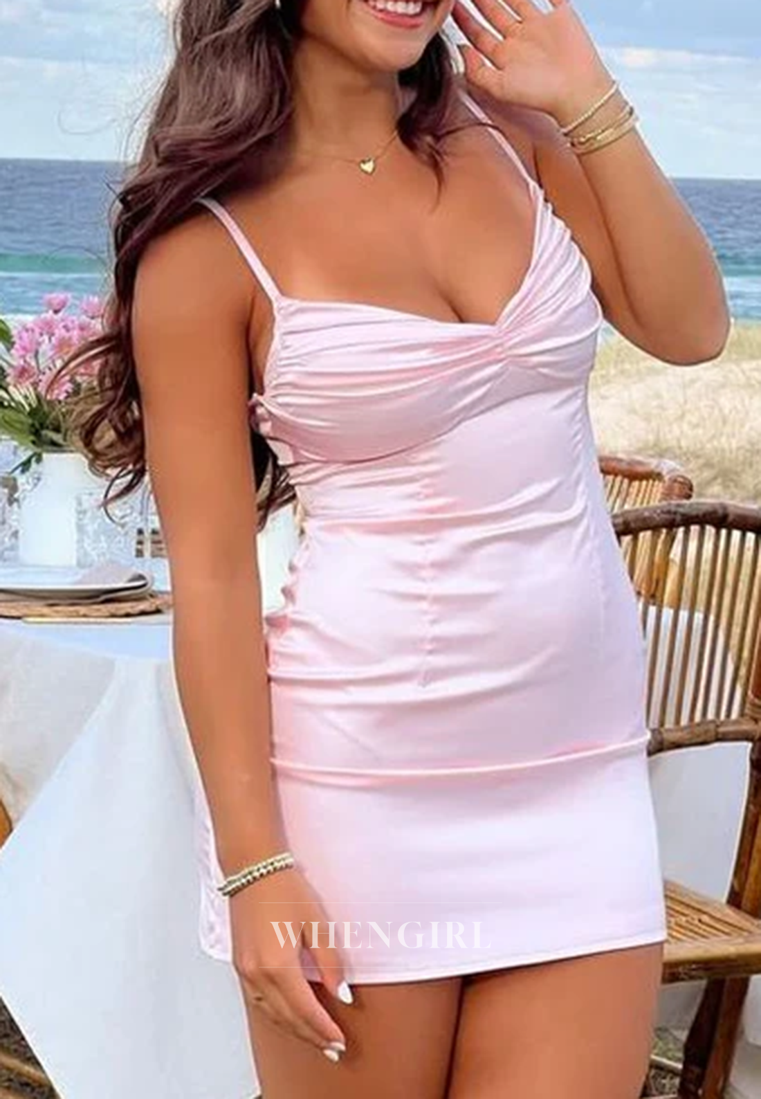 V Neck Pleated Spaghetti Straps Sleeveless Sheath Short Homecoming Dress
