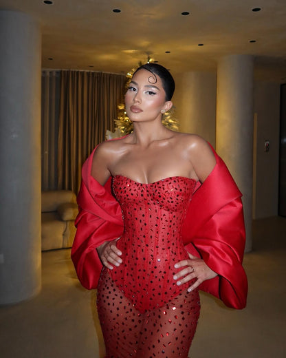 Sexy Red Mermaid Semi-Sweetheart Rhinestone Sleeveless Prom Dress