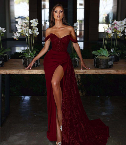 Light Blue Off the Shoulder Mermaid Evening Dress Long Split With Sequins