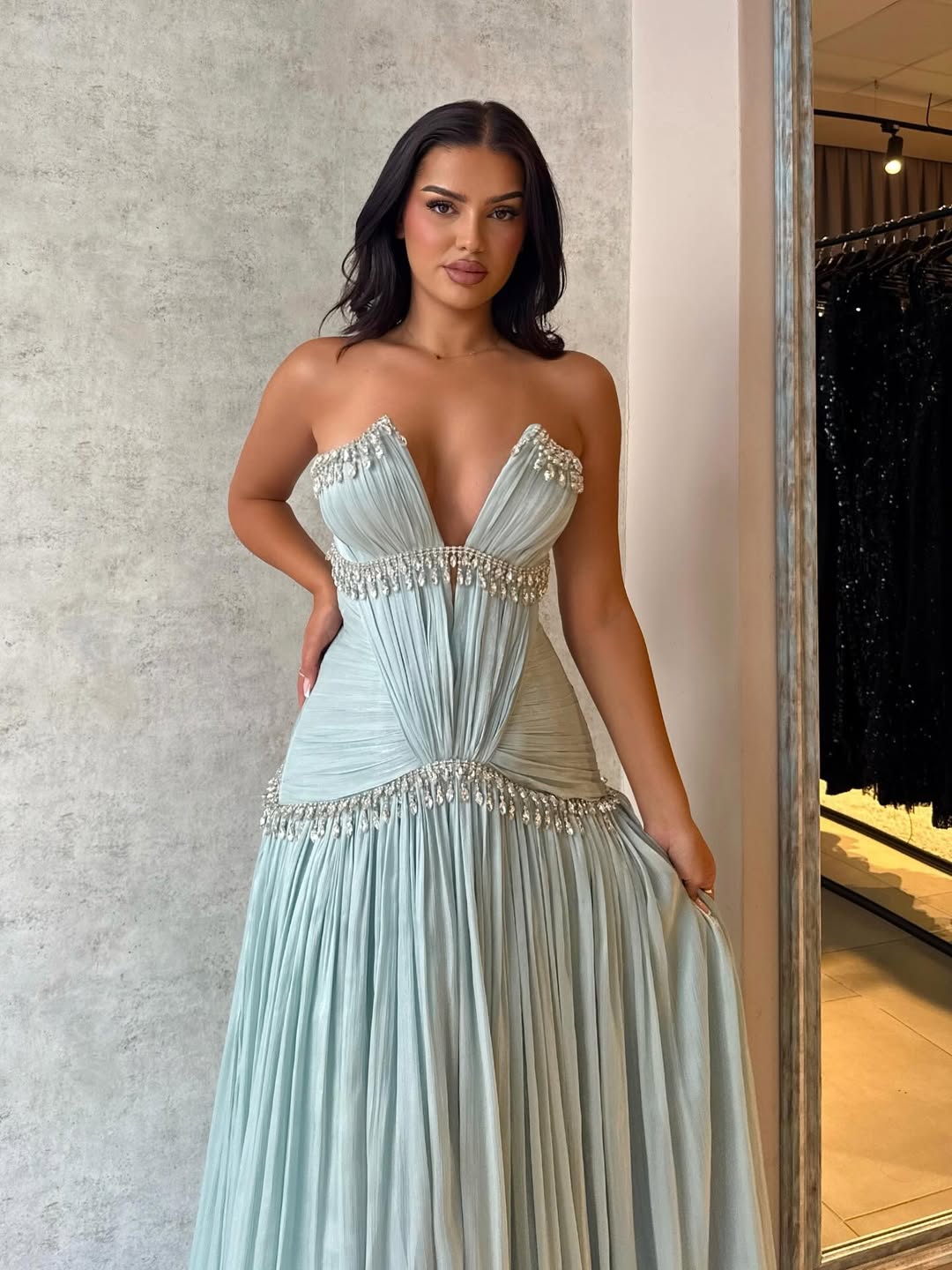 Floor Length Dreamy Light Blue V-Neck Pleated Rhinestone Prom Dress