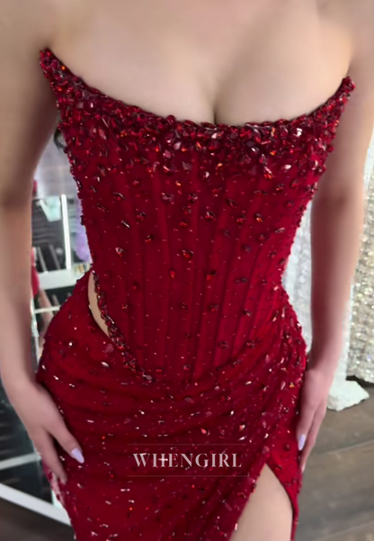 Sheath Full Beaded Strapless Sleeveless Pleated Side Slit Formal Prom Dress