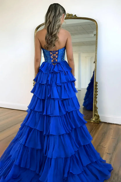Gorgeous A Line Strapless Daffodial Tiered Chiffon Prom Evening Dresses with Hot Stone