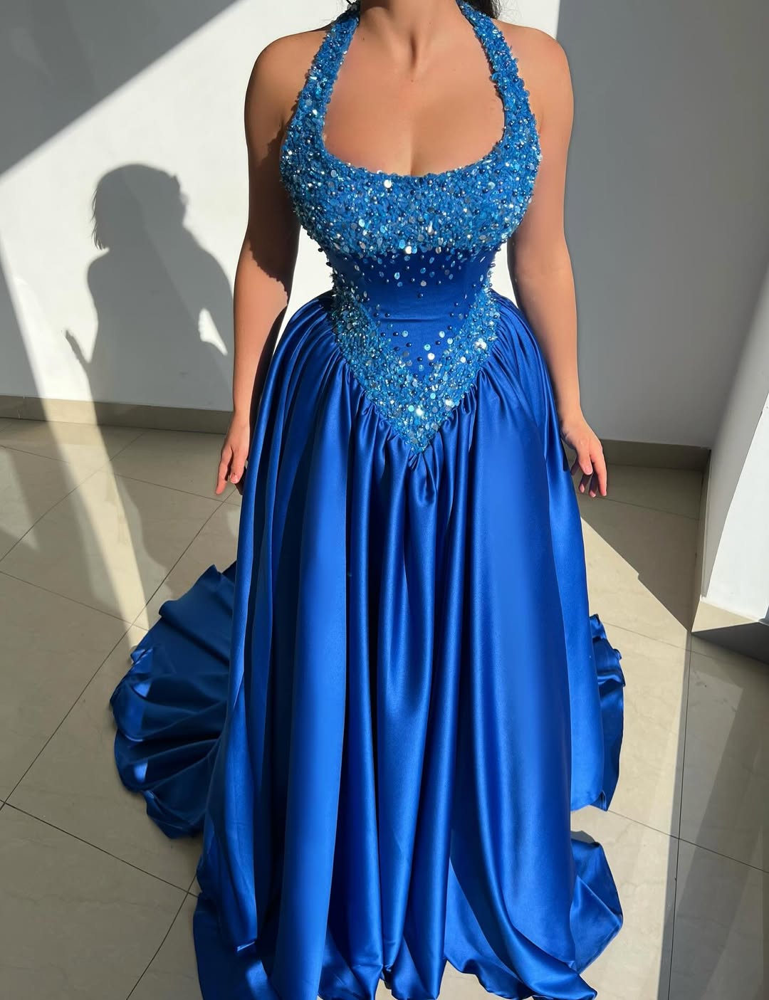 Blue Halter Beaded Sleeveless Gorgeous Pleated Prom Dress