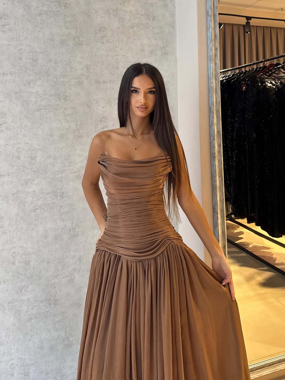 Floor Length Minimalist Brown Straight Across Pleated Sleeveless Prom Dress