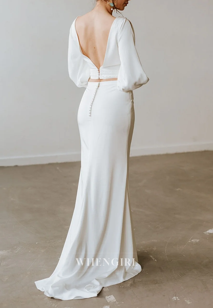 Sheath Simple Bateau Neck Cut Out Long Sleeves Two Pieces V Back with Sweep Train