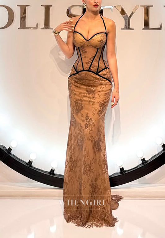 Brown Halter Corset Sleeveless Evening Dress Sheath Lace Long Formal Gown