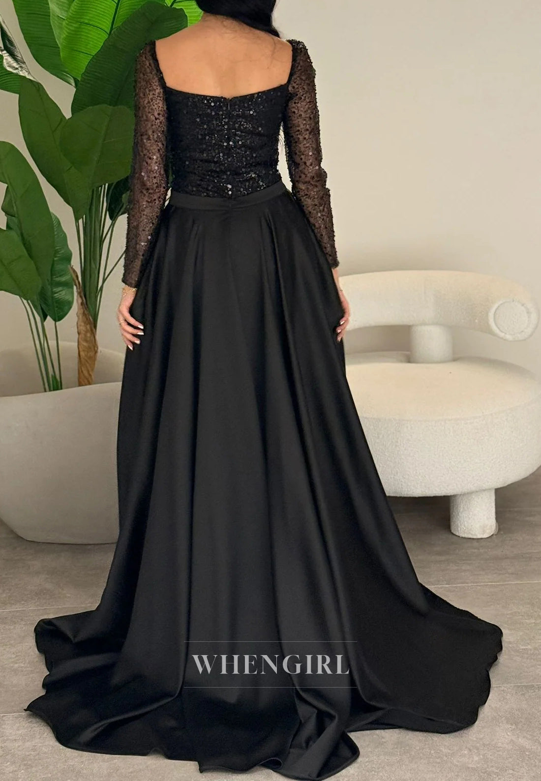 Sheath Square Neck Long Sleeves Beaded Sweep Train Evening Formal Dress