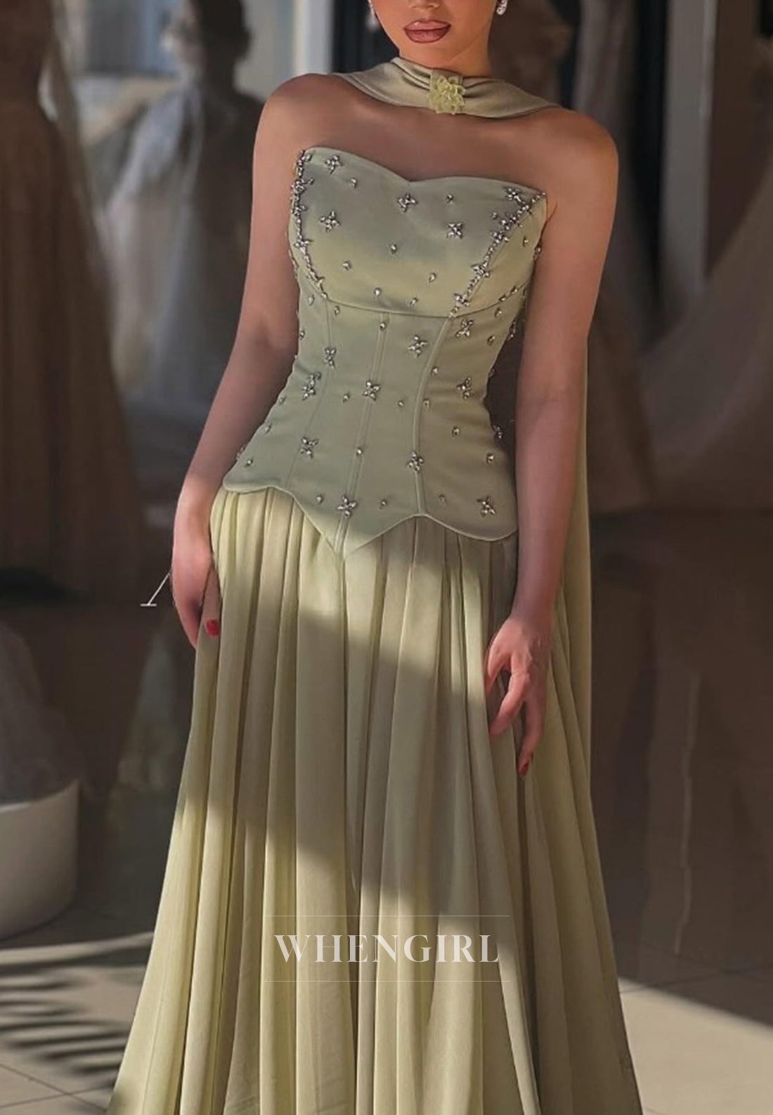 Dusty Sage Sweetheart Sleeveless Beaded A-Line Formal Evening Gown with Scarf