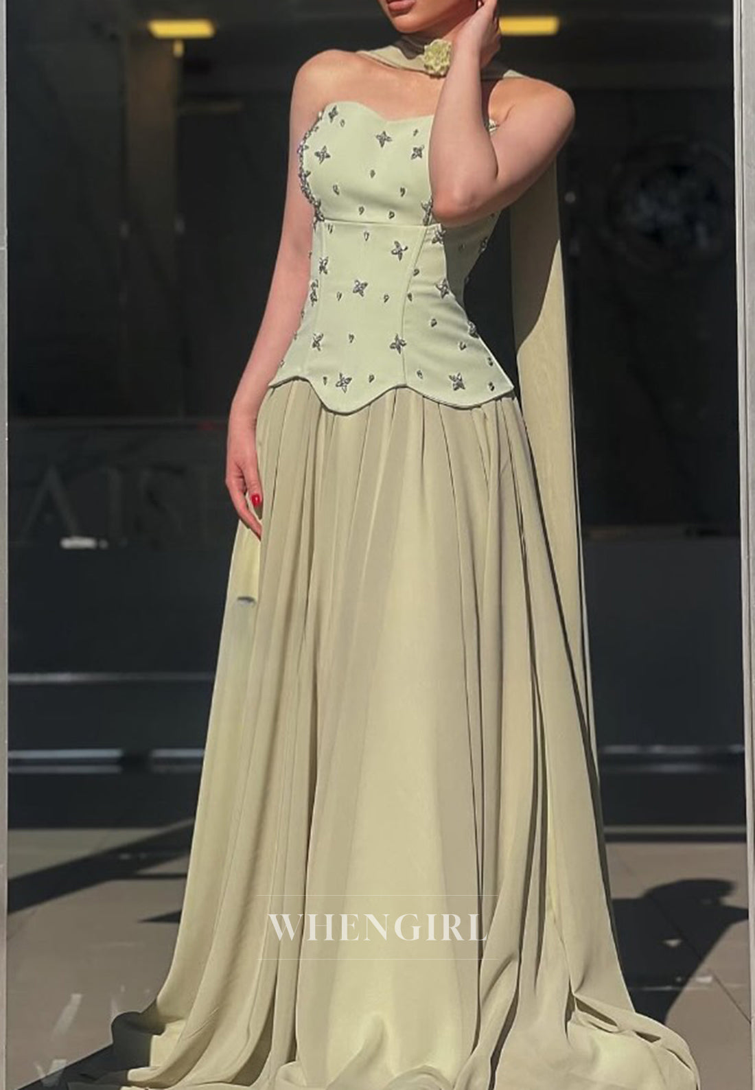 Dusty Sage Sweetheart Sleeveless Beaded A-Line Formal Evening Gown with Scarf