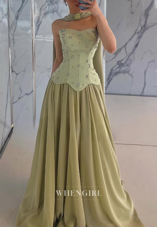 Dusty Sage Sweetheart Sleeveless Beaded A-Line Formal Evening Gown with Scarf