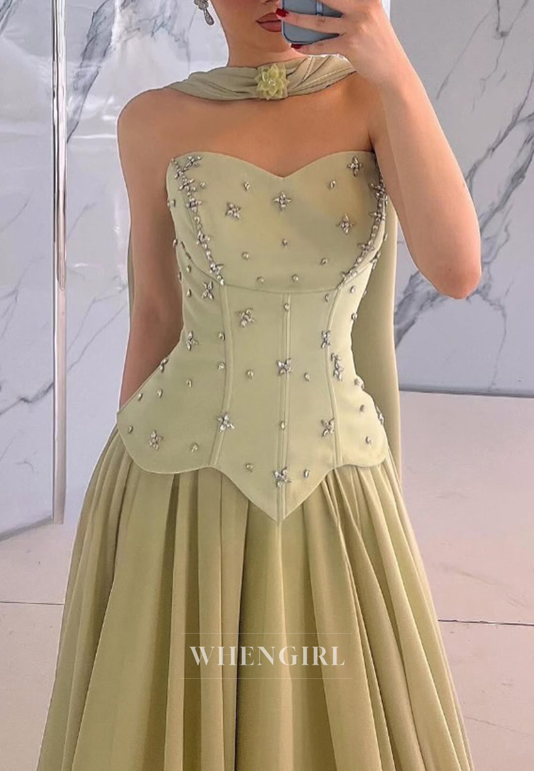 Dusty Sage Sweetheart Sleeveless Beaded A-Line Formal Evening Gown with Scarf