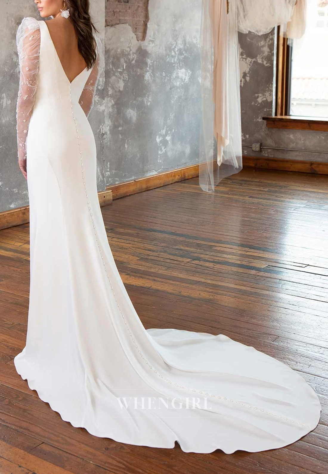 V Neck Beaded Pearls Long Sleeves Sheath Court Train Beach Wedding Dress