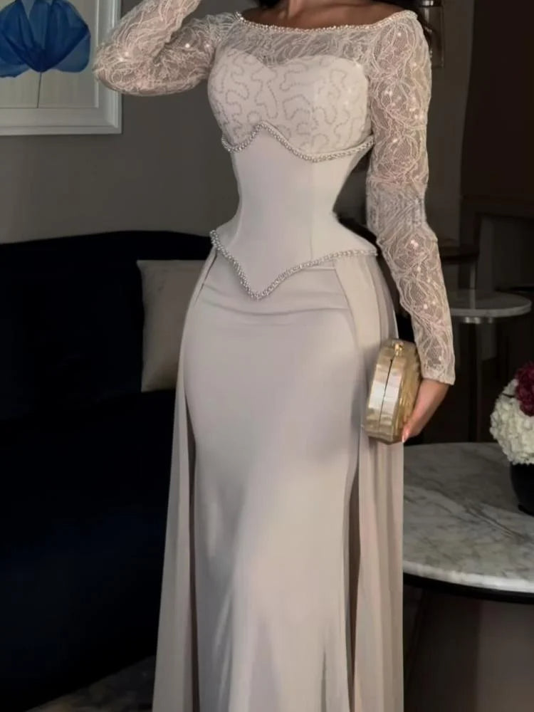 Green Sheath Corset Long Lace Sleeves Off Shoulder Evening Dress