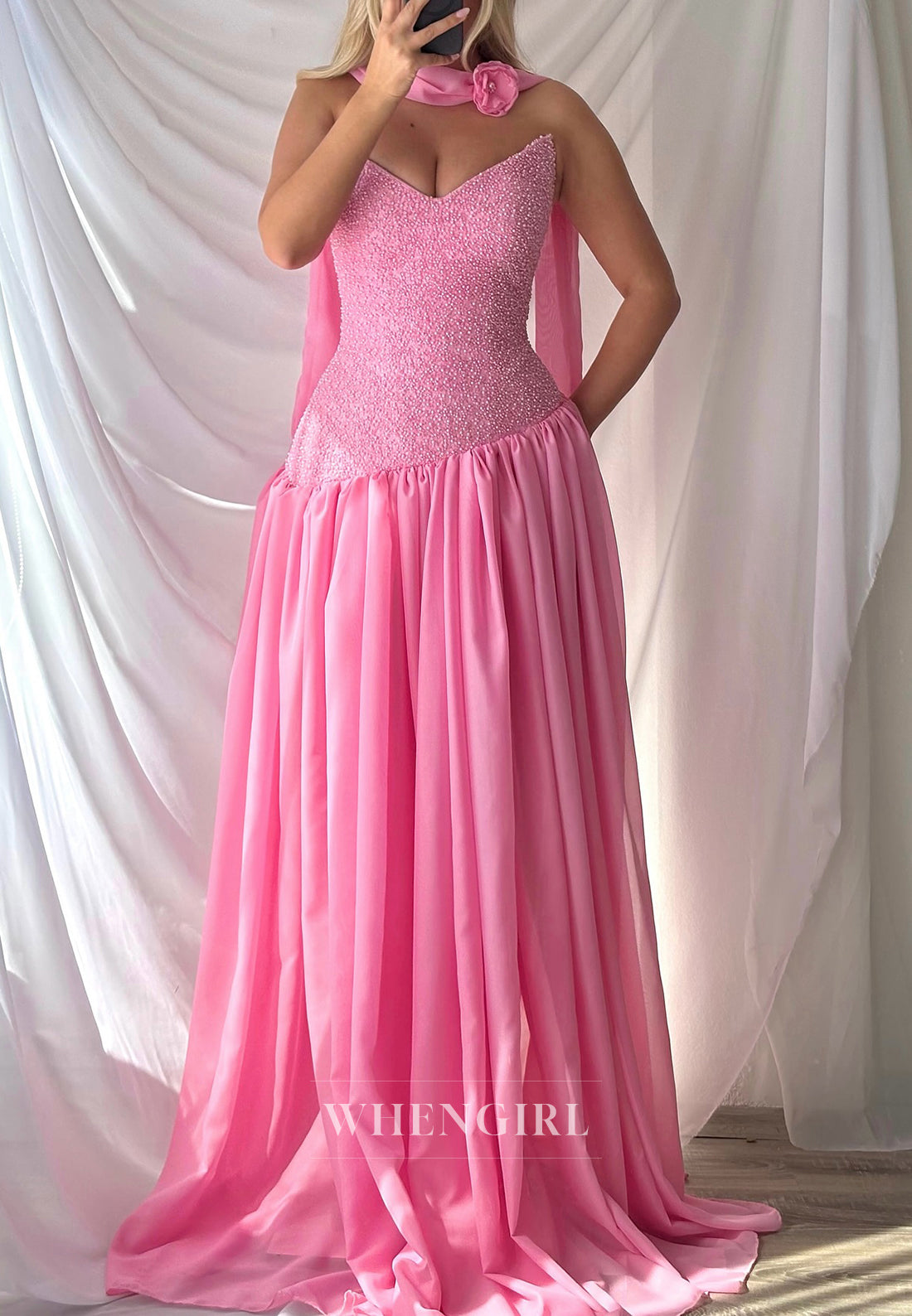 Candy Pink Beading V Neck Sleeveless A-Line Evening Formal Gown with Scarf