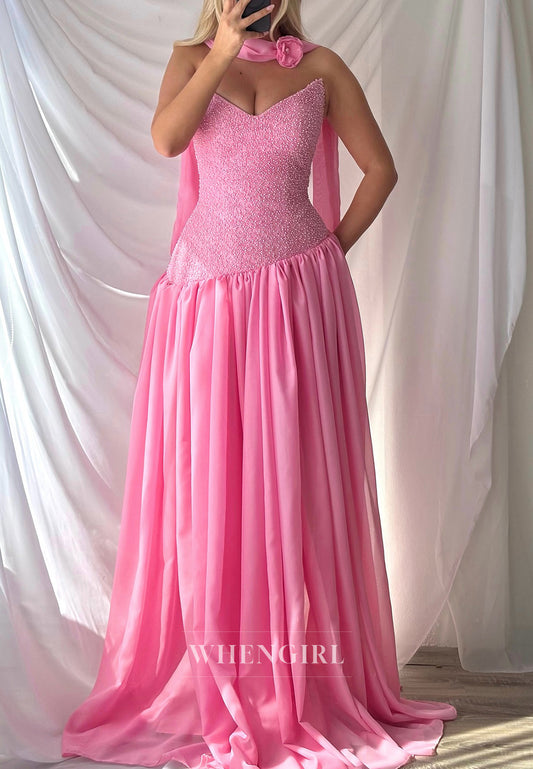 Candy Pink Beading V Neck Sleeveless A-Line Evening Formal Gown with Scarf