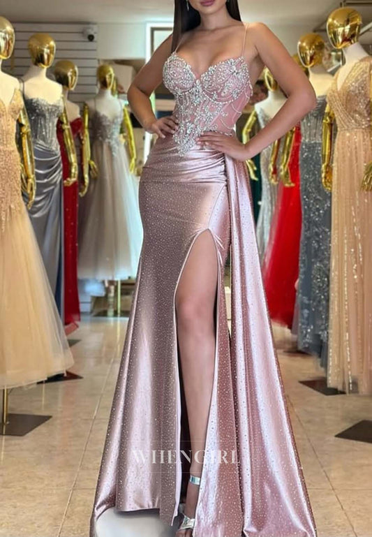 Light Pink V Neck Rhinestons Beaded Evening Dress Sheath Side Slit Spaghetti Straps Formal Dress