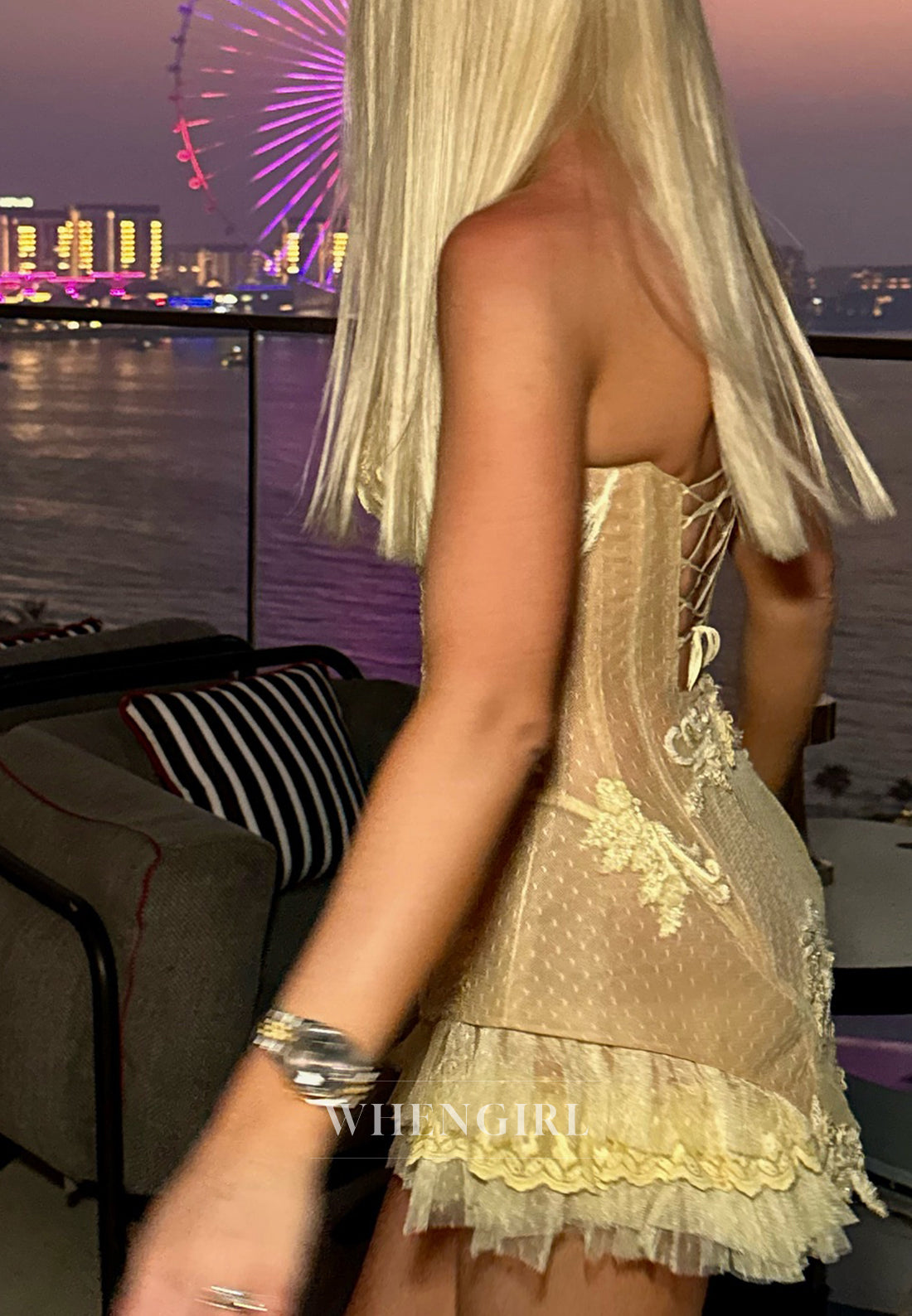 Yellow Tube Top Sleeveless Lace Up Sheath Lace Short Homecoming Dress